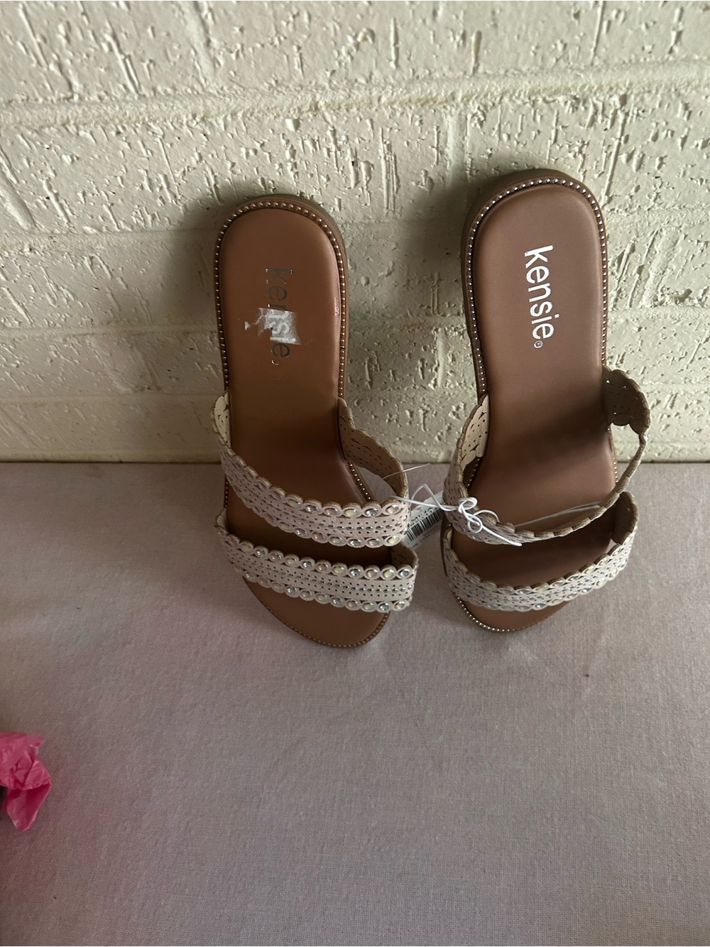 Kensie Tan Slide Sandals with Pearl & Stud Straps - Picture 6 of 6